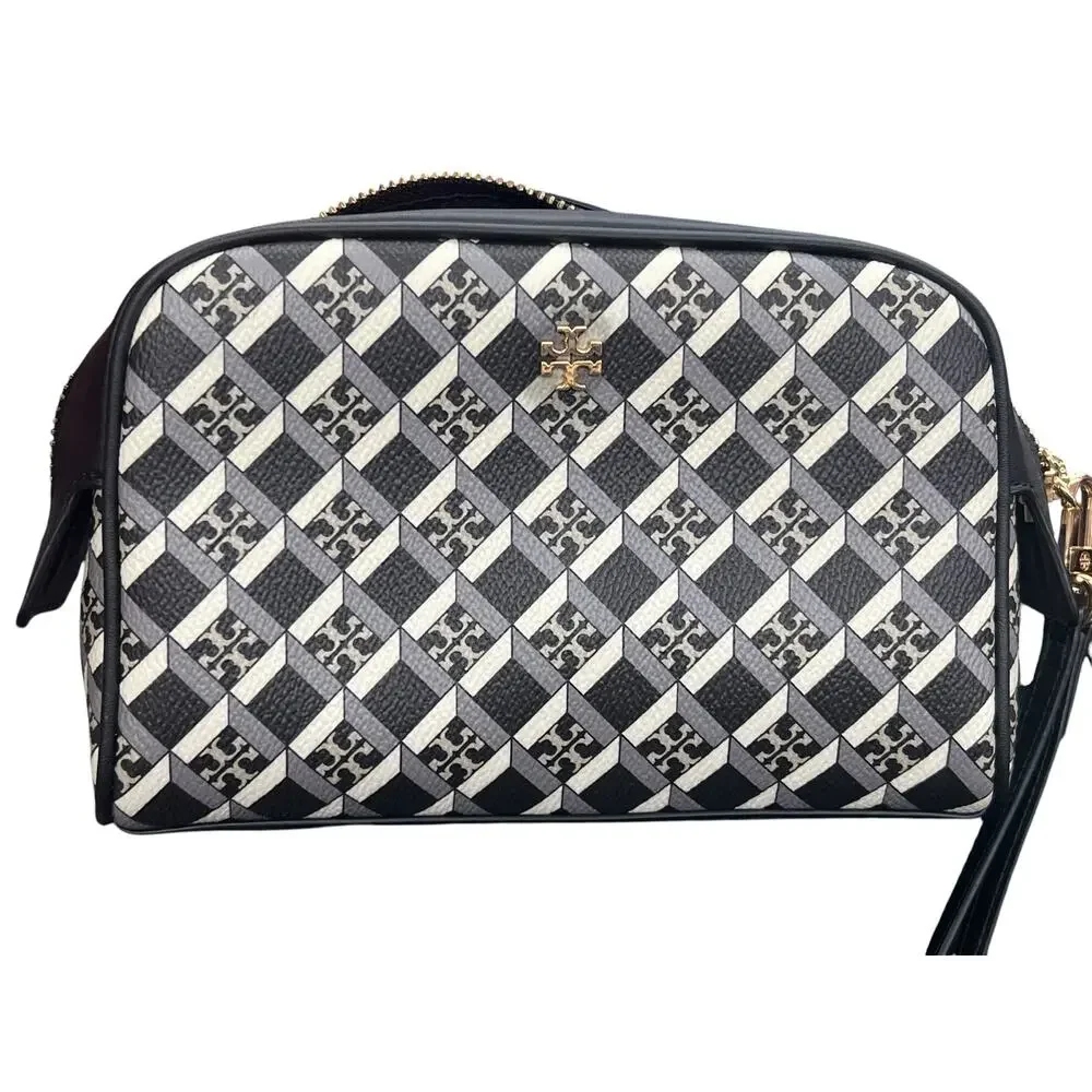 Tory Burch T Monogram Geometric Wristlet Pouch Bag Navy Blue Cream Logo Cosmetic